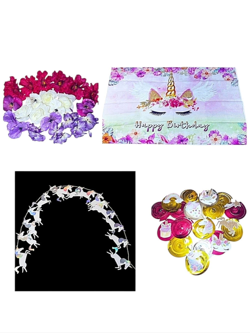 Unicorn Birthday Party Decorations Photo Backdrop Hanging Swirls Banner Flowers